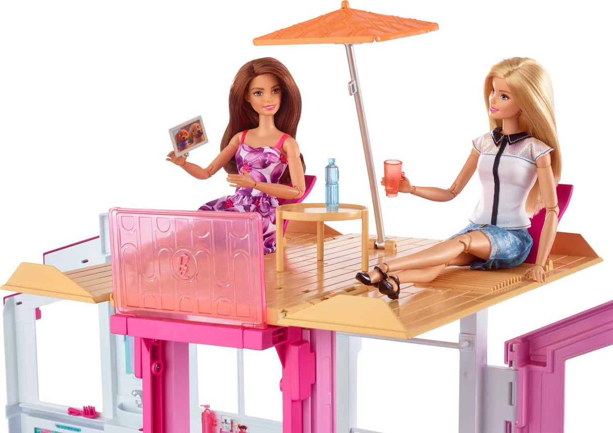 Barbie Supercasa, casa de muñecas con Accesorios , con Cuatro Habitaciones, terraza en la azotea, Detalles realistas, Piscina y Muebles, DLY32