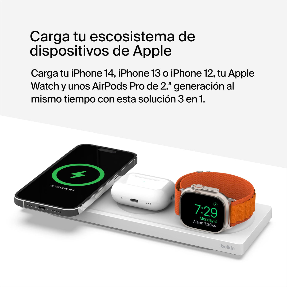 Belkin cargador MagSafe 3 en 1, certificación MFi, carga inalámbrica rápida portátil para serie de iPhone 15, iPhone 14, 13, 12, Apple Watch Series 9, 8 y posteriores, AirPods 2 y AirPods Pro