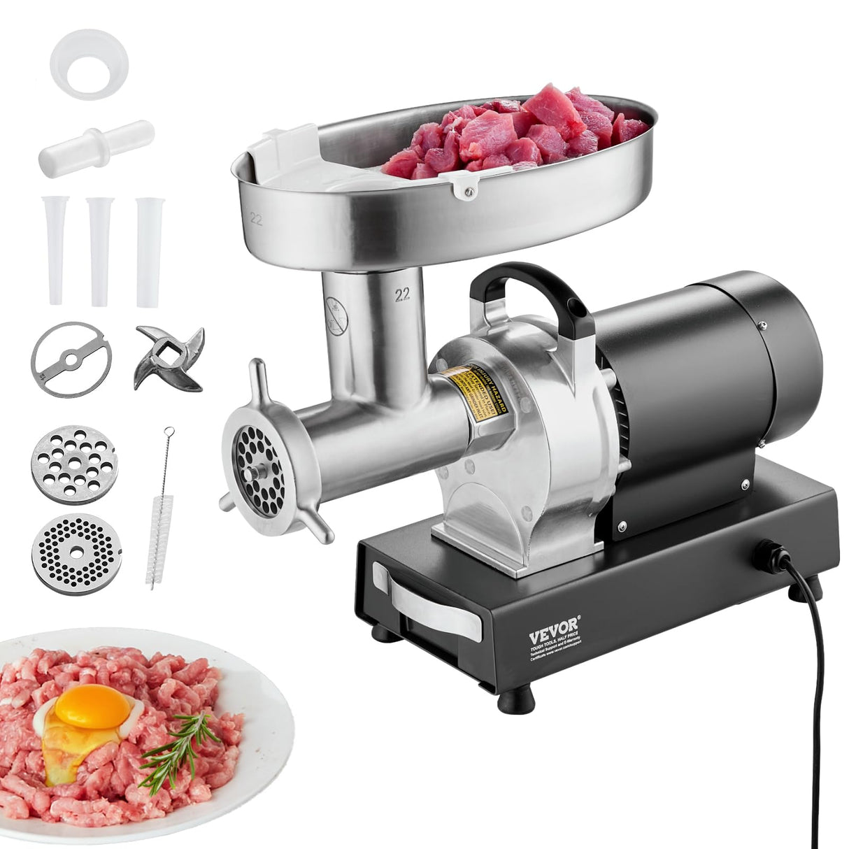 VEVOR Picadora de Carne Eléctrica Industrial de Encimera, Capacidad de 6,36 kg/Min, con Cuchilla, Placa Molienda, para Hacer Salchichas, Acero Inoxidable, para Cocina y Restaurante, 570 x 270 x 470 mm