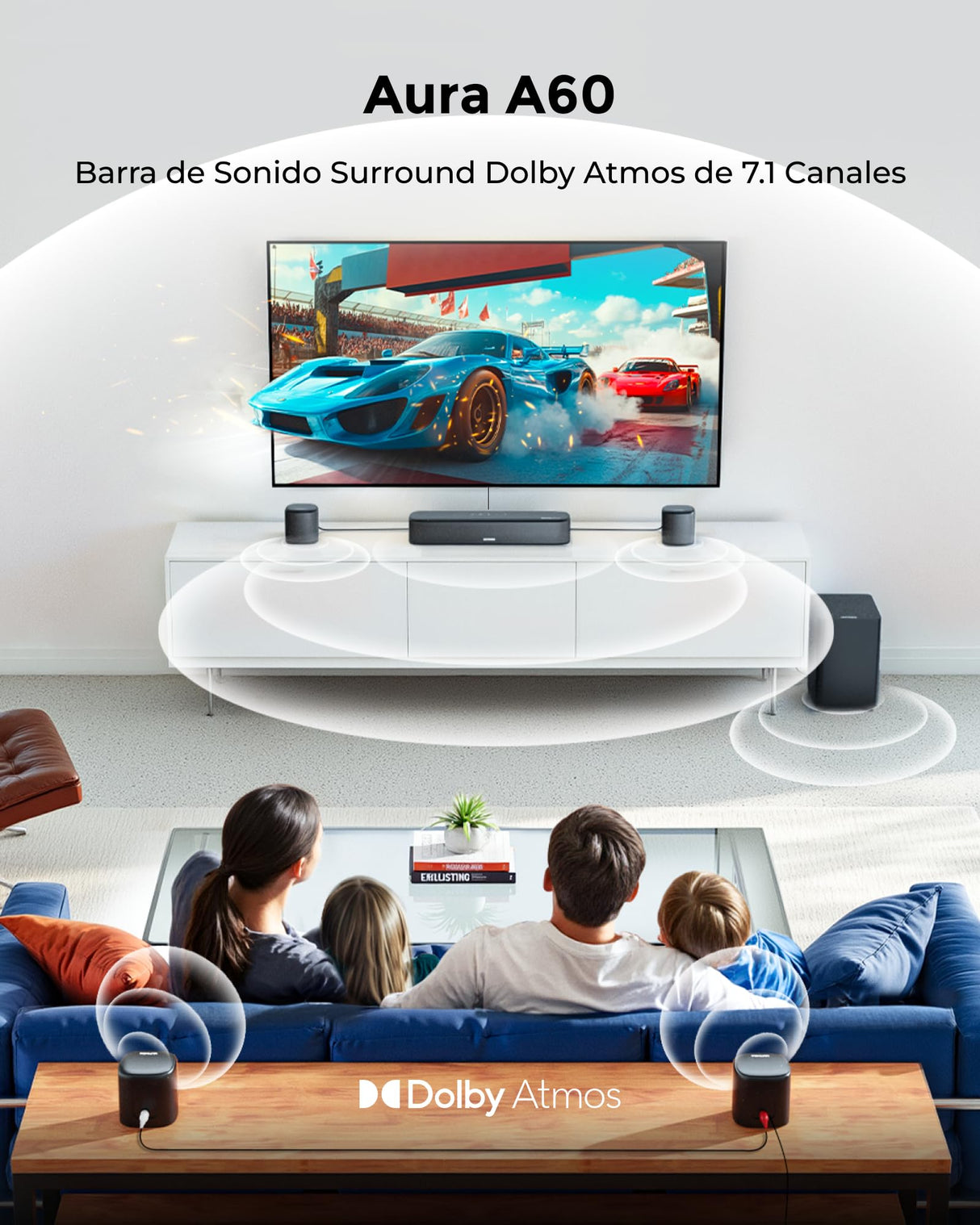 ULTIMEA Aura A60 7.1 Dolby Atmos Soundbar, con Subwoofer, Altavoz TV con Control a través de App, Sistema Surround Cinema 3D con 4 Altavoces Surround, TV Soundbar con HDMI eARC de 350W, Bluetooth