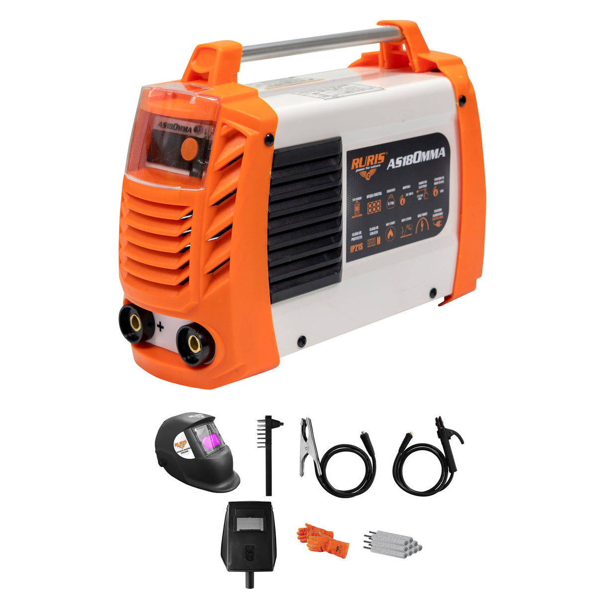RURIS - Máquina de soldadura Ruris AS180MMA + máscara + martillo/cepillo + 2,5 kg electrodos rutilicos 3,2 mm + imán + guantes + máscara de soldadura soldador con células solares