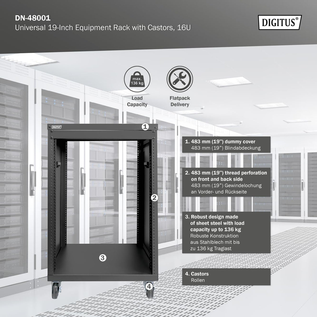 DIGITUS DN-48001 - Rack de Audio - 19 Pulgadas - 16U - Rack de Equipo Universal - para Accesorios de Audio y vídeo - Sin Montar - Carga máxima 136 kg - con Ruedas - Negro