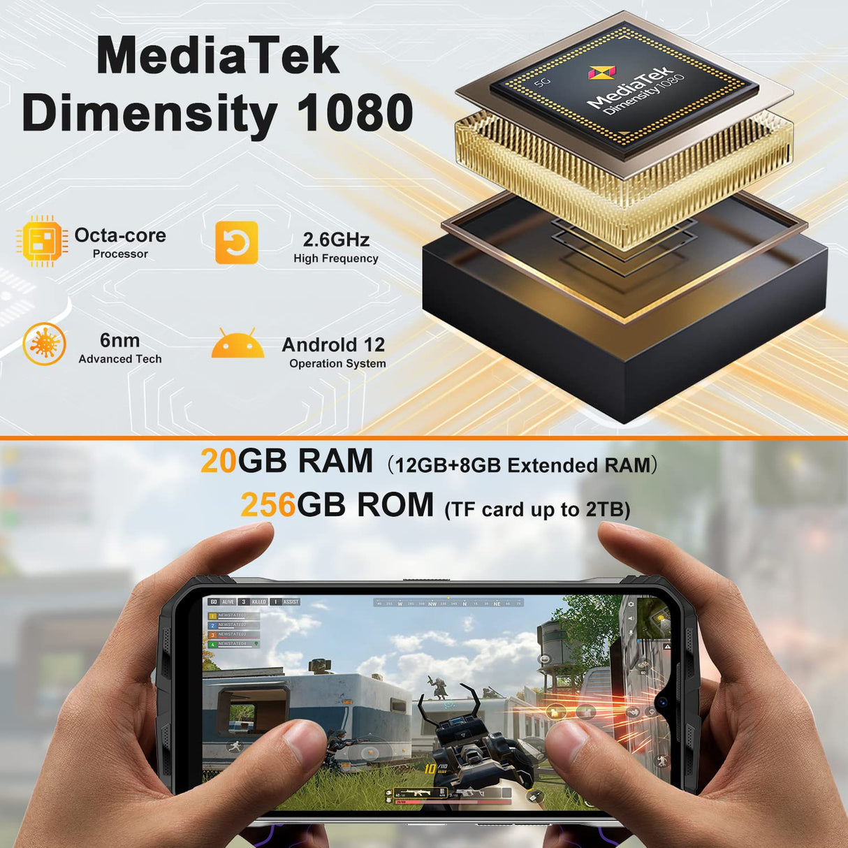 DOOGEE VMAX [2024] Movil Resistente Agua y Golpes 5G, 22000mAh Batería, Dimensity 1080, 20GB+256GB, 6.6" FHD+ 120Hz, Cámara Triple 108MP, Smartphone Irrompible Android IP68IP69K/NFC/Huella Dactilar
