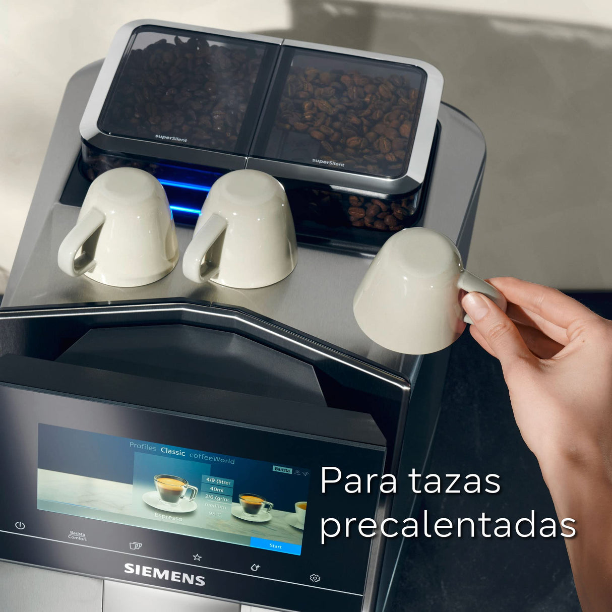 SIEMENS - Cafetera Superautomática, EQ700, Pantalla iSelect de 5", coffeWorld, Molinillo, Home Connect, Acero Inoxidable, TQ707R03