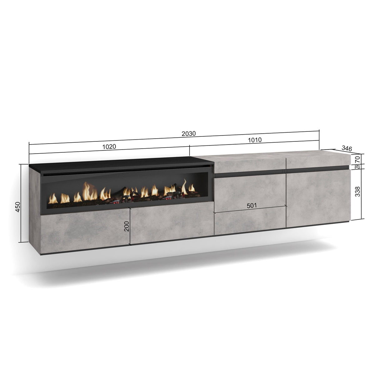 Skraut Home | Mueble TV | Televisión | Muebles de salón, almacenaje | 200x45x35cm | para TV hasta 80" | Chimenea eléctrica | Colgado, Suspendido | Estilo Moderno | Cemento