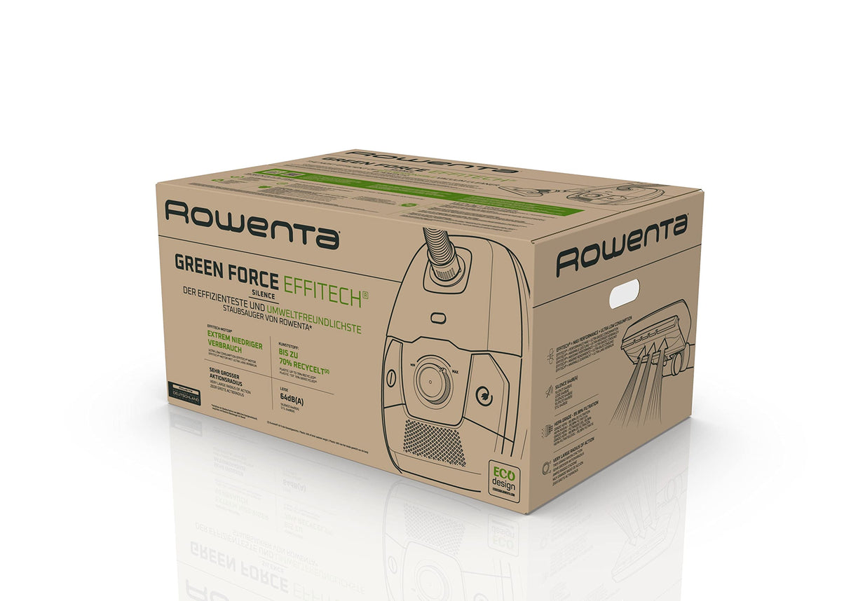 Rowenta Green Force Effitech RO6189 - Aspirador con bolsa de 400 W, hasta un 82 % reciclable, gran filtración HEPA más de 99,98%, depósito de 4,5 L, cable de 8,4 m, incluye accesorios, negro