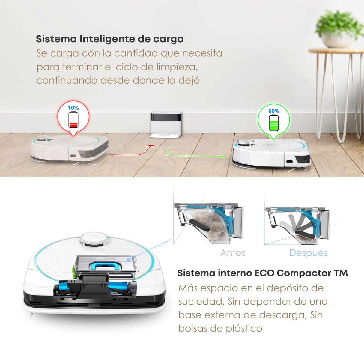 SMARTBOT Robot Aspirador y Fregasuelos - 4 en 1 Aspirador - Friegasuelos - Barre - Pasa la Mopa - Fregasuelos 1.300 Veces/min - Robot Friegasuelos 3 años garantía HOBOT LEGEE-D8 Eco Compactor