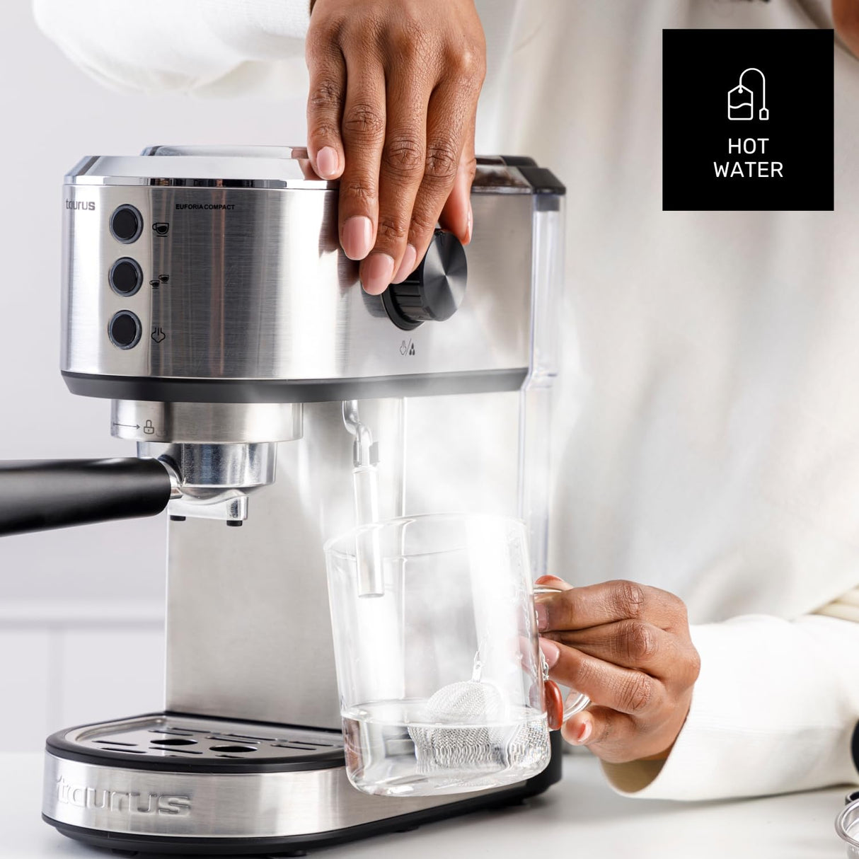 Taurus - Cafetera Espresso Euforia Compact 1350W | 20 Bares Presión | Sistema Thermoblock | Filtro Supreme Cream | Vaporizador Orientable | Doble Café Simultáneo | Cuchara Dosificadora