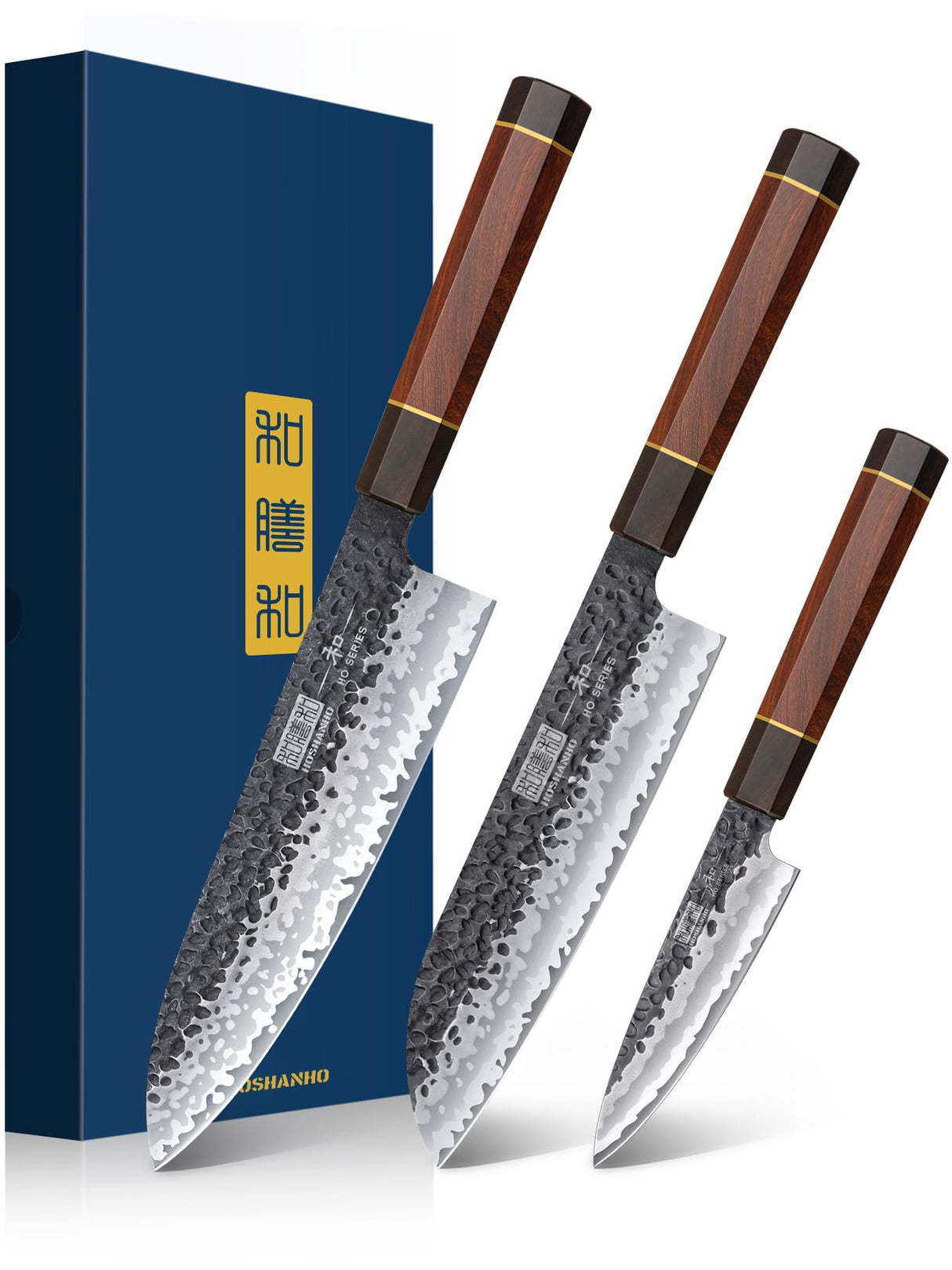 HOSHANHO Juego de Cuchillos de Cocina, Juego de 3 Piezas de Cuchillos Japones de Acero de Alto Carbono, Cuchillo de Chef Cuchillo Santoku Cuchillo para Pelar, Mango Ergonómico de Palisandro