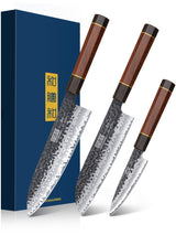 HOSHANHO Juego de Cuchillos de Cocina, Juego de 3 Piezas de Cuchillos Japones de Acero de Alto Carbono, Cuchillo de Chef Cuchillo Santoku Cuchillo para Pelar, Mango Ergonómico de Palisandro