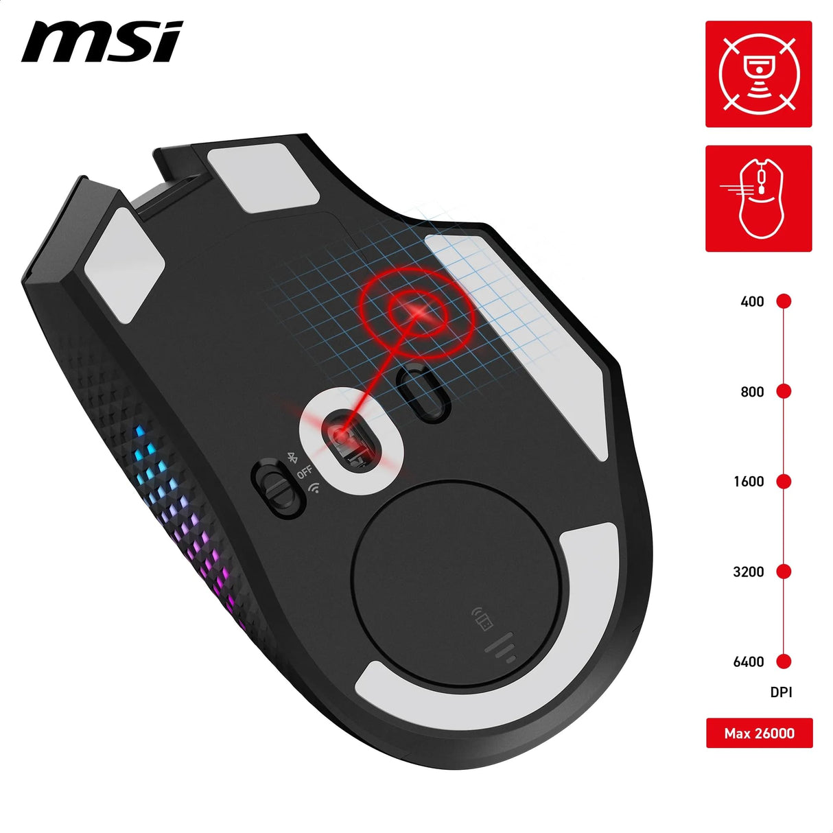MSI Versa Pro Wireless + Mouse Dock Pro - Ratón Gaming, Sensor óptico de 26.000 PPP, frecuencia de sondeo de 1.000 Hz, diseño para diestros, batería de 80 Horas, con Cable e inalámbrico