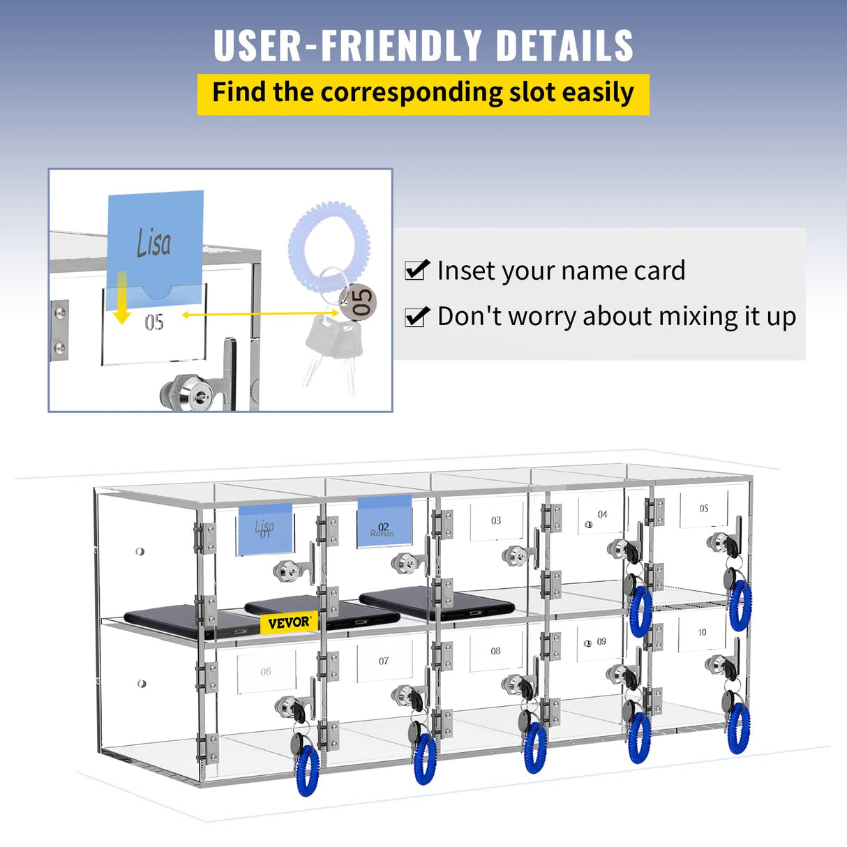 VEVOR Armario de Almacenamiento para teléfono móvil Cabina telefónica de acrílico con Cerradura 10 Ranuras 53x18x21,5 cm gabinete de Almacenamiento para teléfono con Llaves para Sala de reunión, Aula