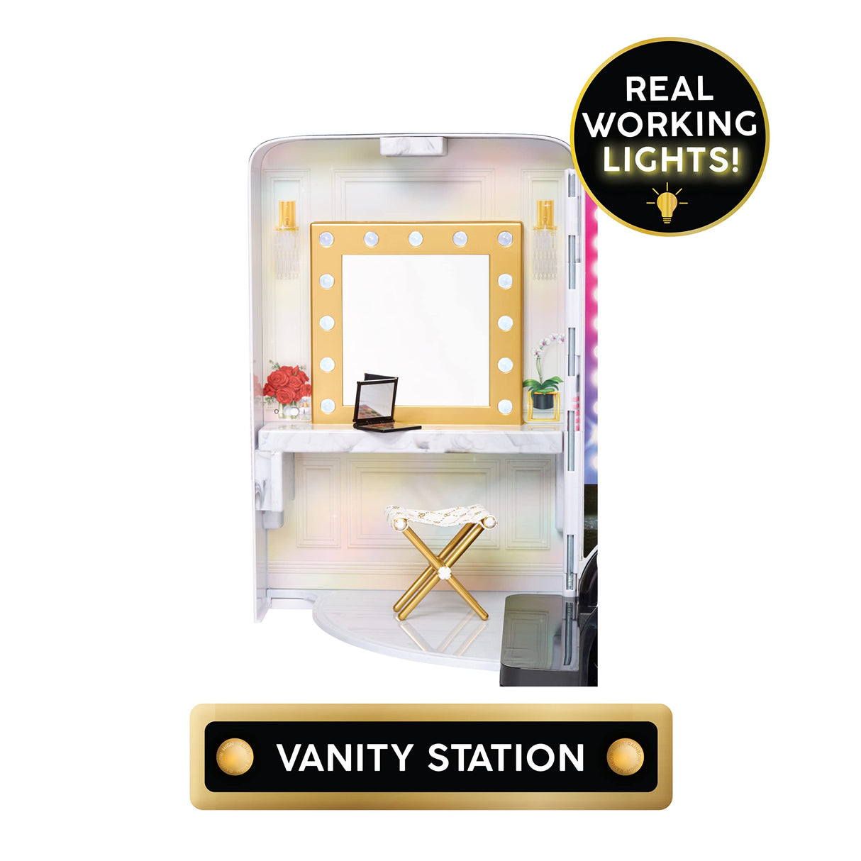 RAINBOW HIGH Rainbow Visions World Tour Autobús y Escenario 4-en-1 - Incluye Equipo de DJ, Luces Reales, camerino, Accesorios y Pilas - Edad: 6+ años