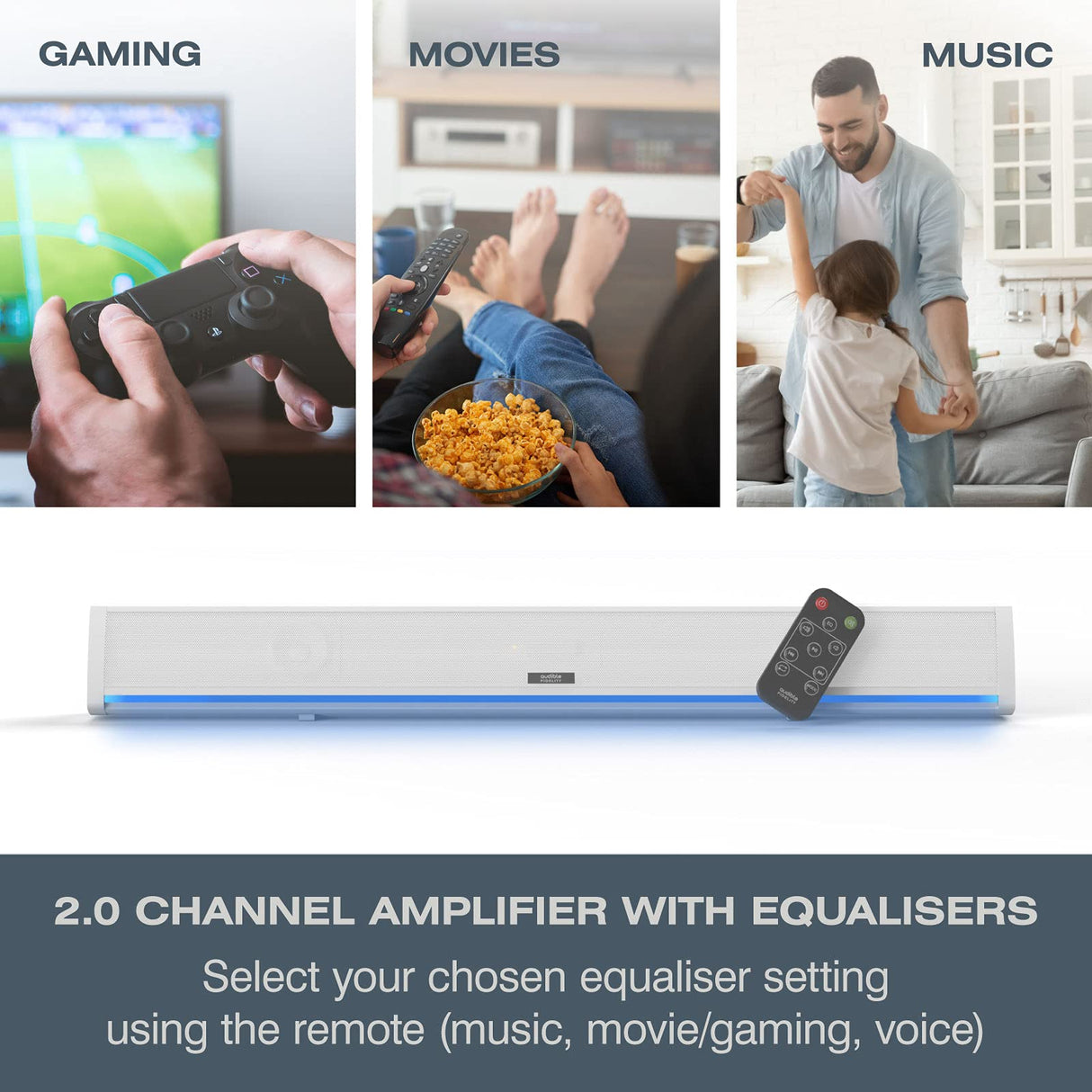 Audible Fidelity Barra de Sonido TV con Bluetooth, Soundbar para Television, Videojuegos, Música, Barras de Sonido Altavoces para TV Home Cinema, Oficina y PC con Mando a Distancia (Blanco)