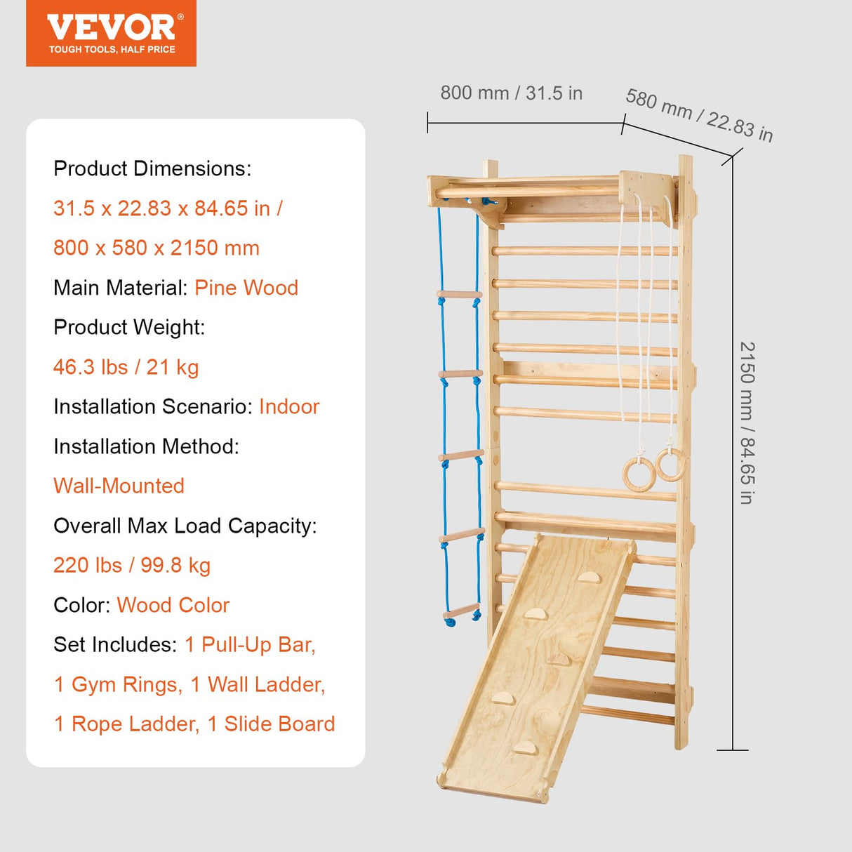 VEVOR 5 en 1 Juguetes de Escalada de Madera, Carga de 99,8 kg, Escalera Sueca de Pared con Barra de Dominadas, Anillos de Gimnasio, Escalera de Cuerda, Escalera de Pared, Tablero Deslizante