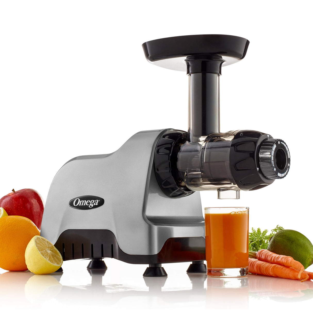 Omega CNC80S - Exprimidor compacto de sistema de nutrición multiuso de velocidad lenta, horizontal, plástico, plateado