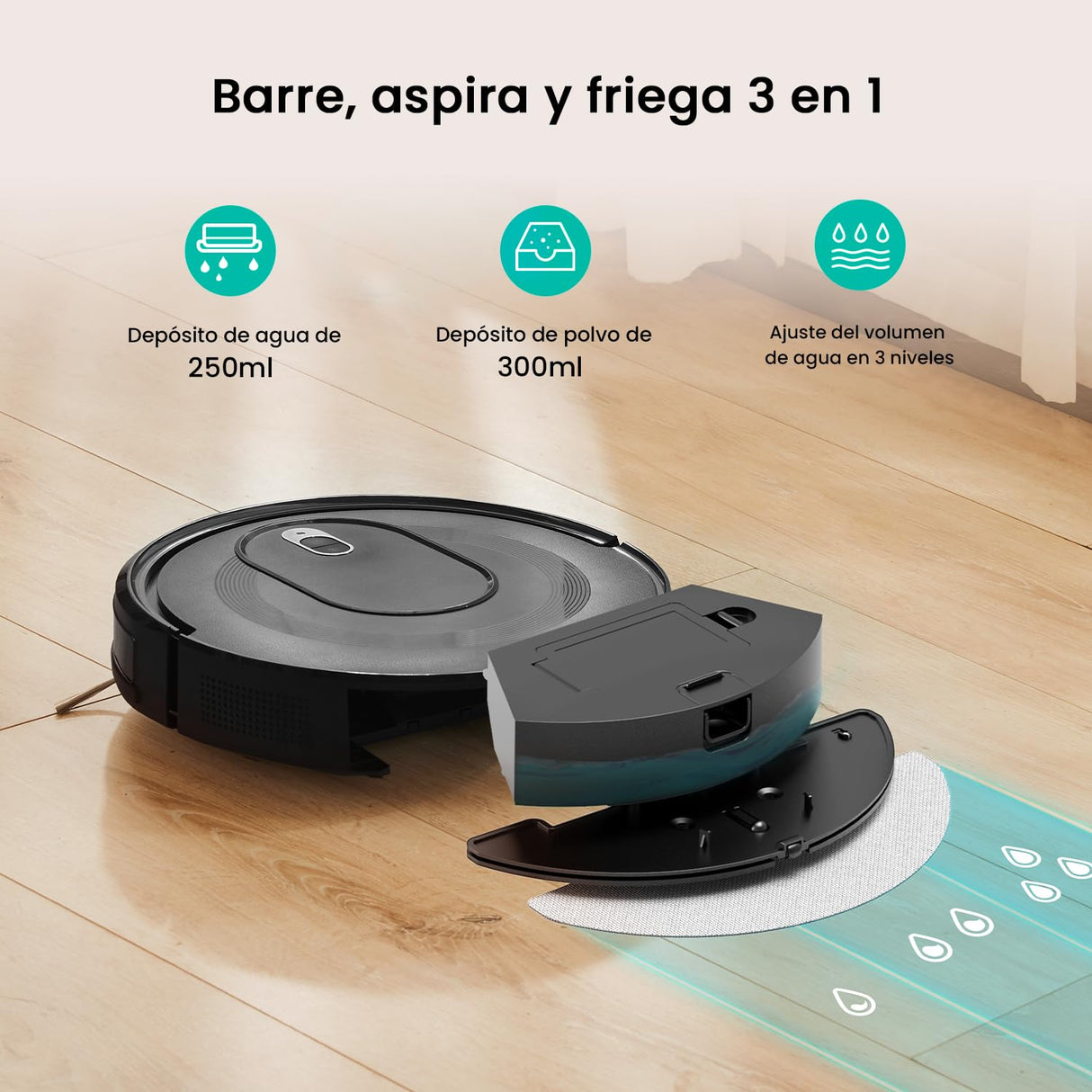 Vexilar W7 Robot Aspirador y Fregasuelos, Robot Aspirador 2 en 1,Potente Succión 4000Pa,Antienredos,Larga Autonomía,3 Niveles de Ajuste de Agua, Adecuada para Suelos,Alfombras,Pelo de Mascotas