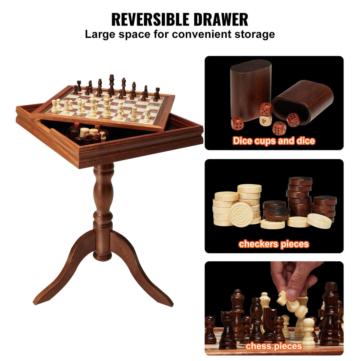 VEVOR Juego de ajedrez de Damas y Backgammon 3 en 1, Tablero de ajedrez de Madera 44 x 67,5 cm, Mesa de Juego combinada de Lujo, Materiales de Regalo Ideales para Juegos de Mesa