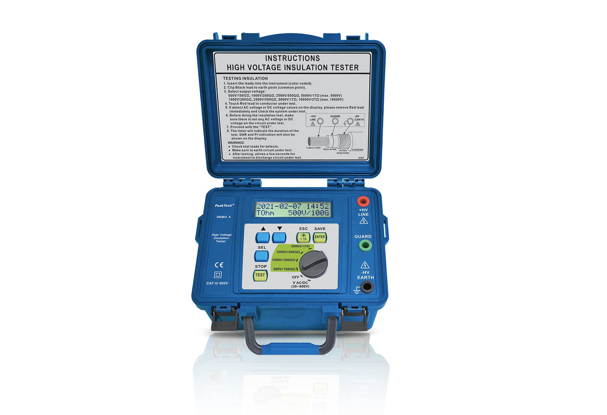 PeakTech P 2680 A - Medidor de Aislamiento, Alta tensión, 500/1000/2500/5000 V, 300 GOhm