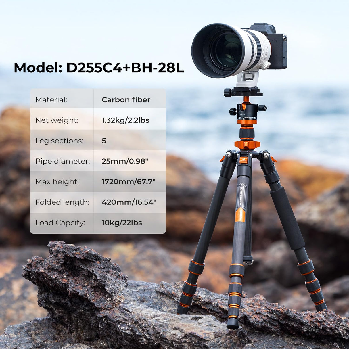 K&F CONCEPT Trípode Cámara Carbono 172CM Trípode Ligero Fotografía Professional de Viaje 360° Rótula de Bola y Placa de Liberación para Cámara DSLR (1.32KG)