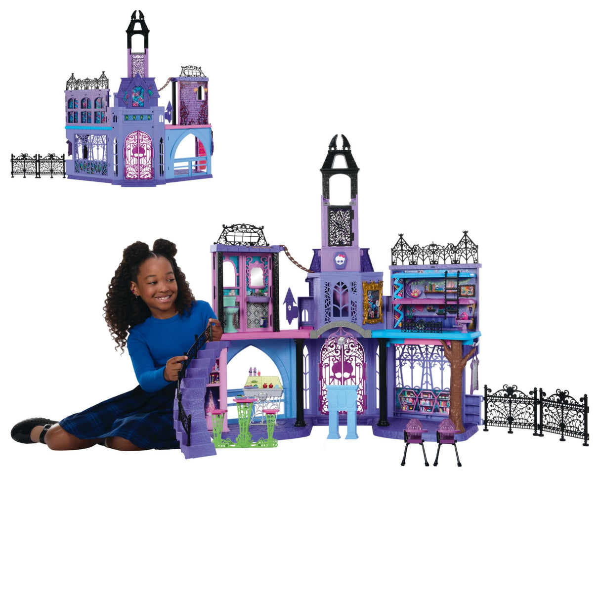 Monster High Casa de muñecas Haunted High School con 7 áreas de juego y muebles, +35 accesorios, 2 plantas y capacidad para 3 muñecas, juguete +4 años (HLP88), Violeta
