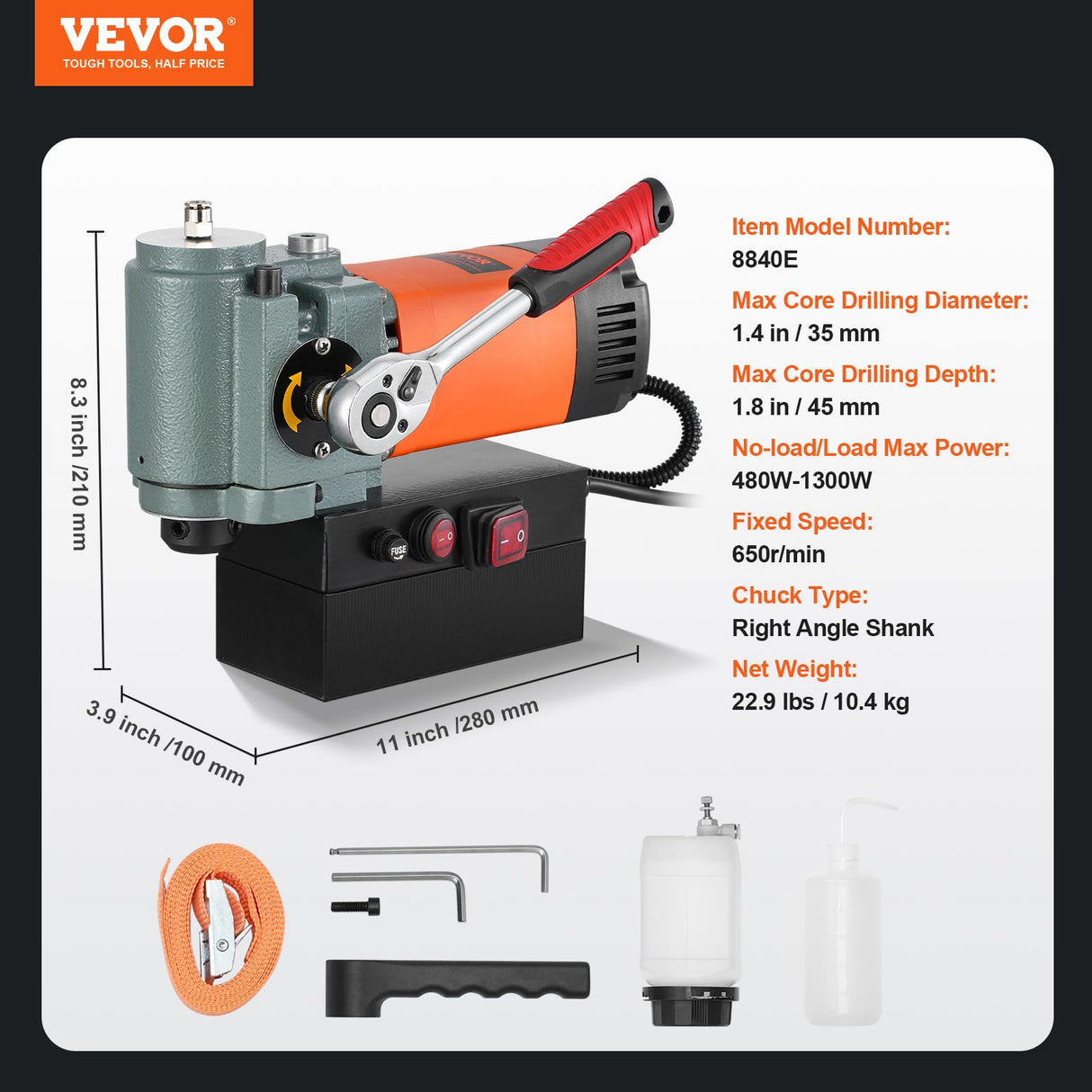 VEVOR Taladro Magnético de Perfil Bajo 1300 W Taladro Magnético Ligero y Portátil con Dispositivo de Enfriamiento y Protección contra Sobrecarga Prensa Magnética para Instalación de Equipos