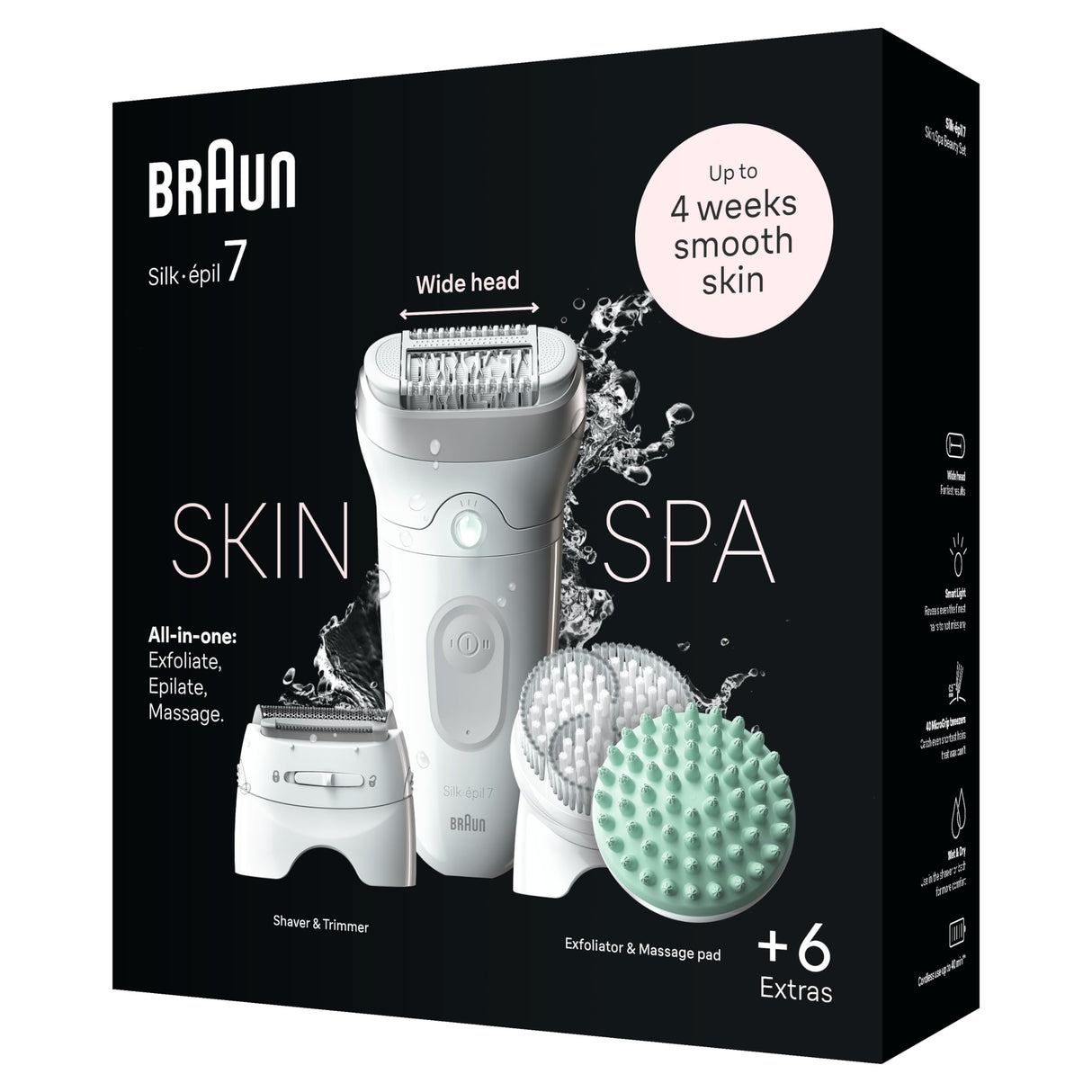 Braun Silk-épil 7 SkinSpa 7-081 - Set de depiladora para mujer, depiladora de larga duración, cabezal de afeitado, cabezal de masaje, color blanco y plateado