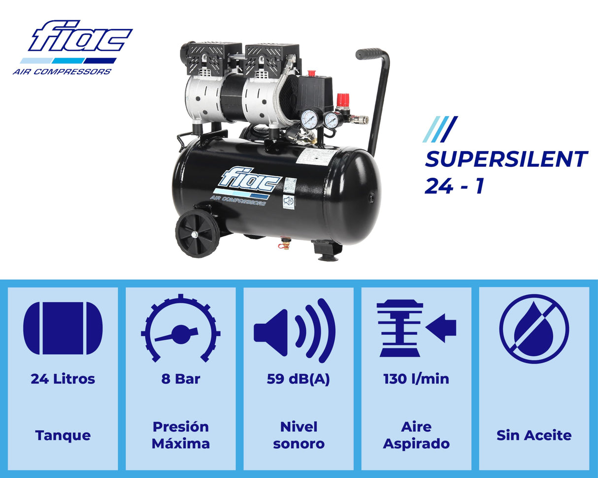 FIAC Compresor de Aire Móvil Silencioso SUPERSILENT 24, Sin Aceite, Presión Máxima 8 Bar, 1 Hp, Tanque de 24 Litros, Nivel sonoro 58 dB LpA