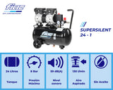 FIAC Compresor de Aire Móvil Silencioso SUPERSILENT 24, Sin Aceite, Presión Máxima 8 Bar, 1 Hp, Tanque de 24 Litros, Nivel sonoro 58 dB LpA