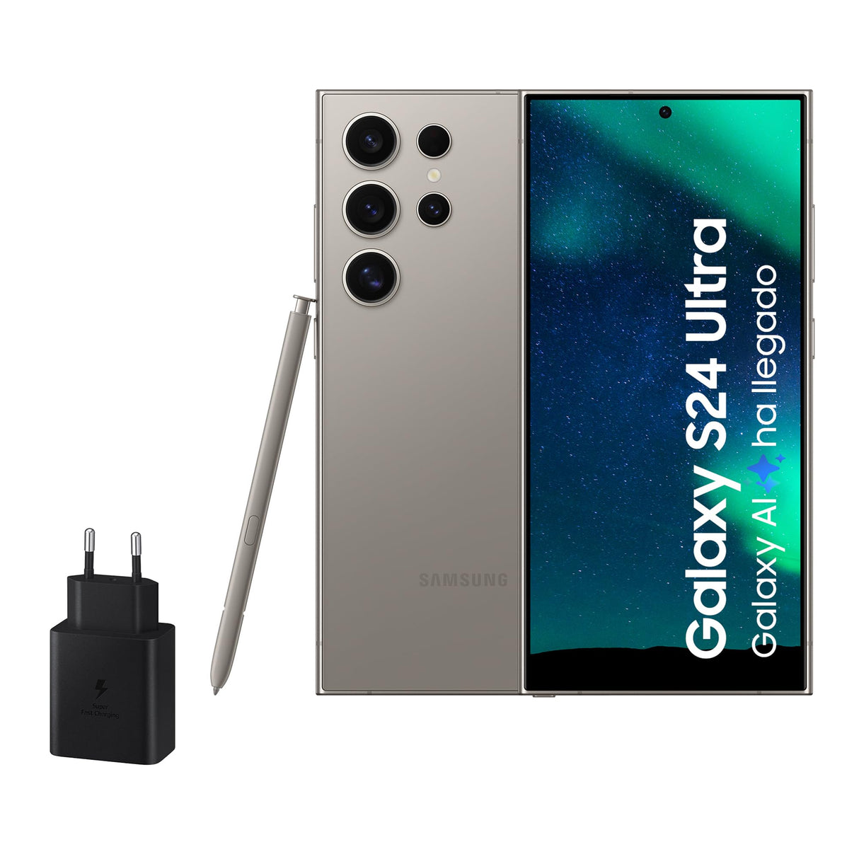 Samsung Galaxy S24 Ultra y Cargador 45W, Teléfono Móvil con IA, Smartphone Android, 12 GB RAM, 512 GB Almacenamiento, Cámara 200MP, S Pen, Batería Larga Duración, Gris Titanium (Versión Española)