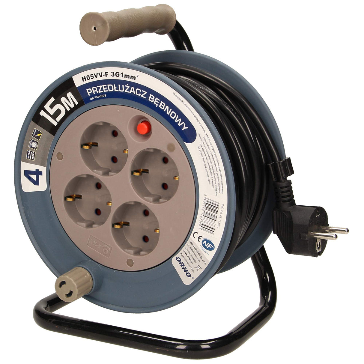 Orno AE-1339 Mini Tambor De Cable 15m con 4 tomas de corriente, soporte de metal y protección térmic (Gris)