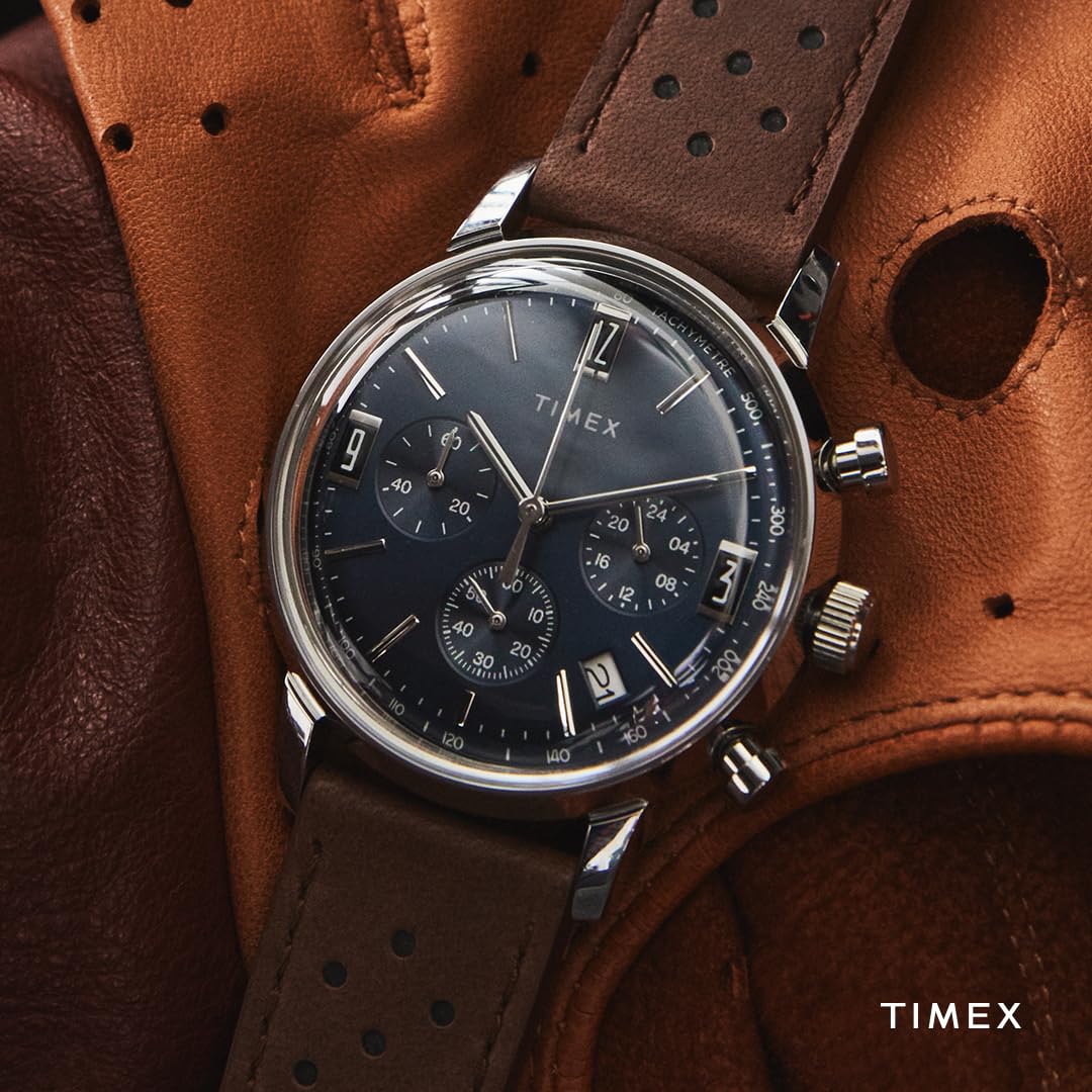 Timex Marlin Chronograph - Reloj de 40 mm para hombre, correa de liberación rápida de cuero marrón, esfera azul, caja de acero inoxidable TW2W10200