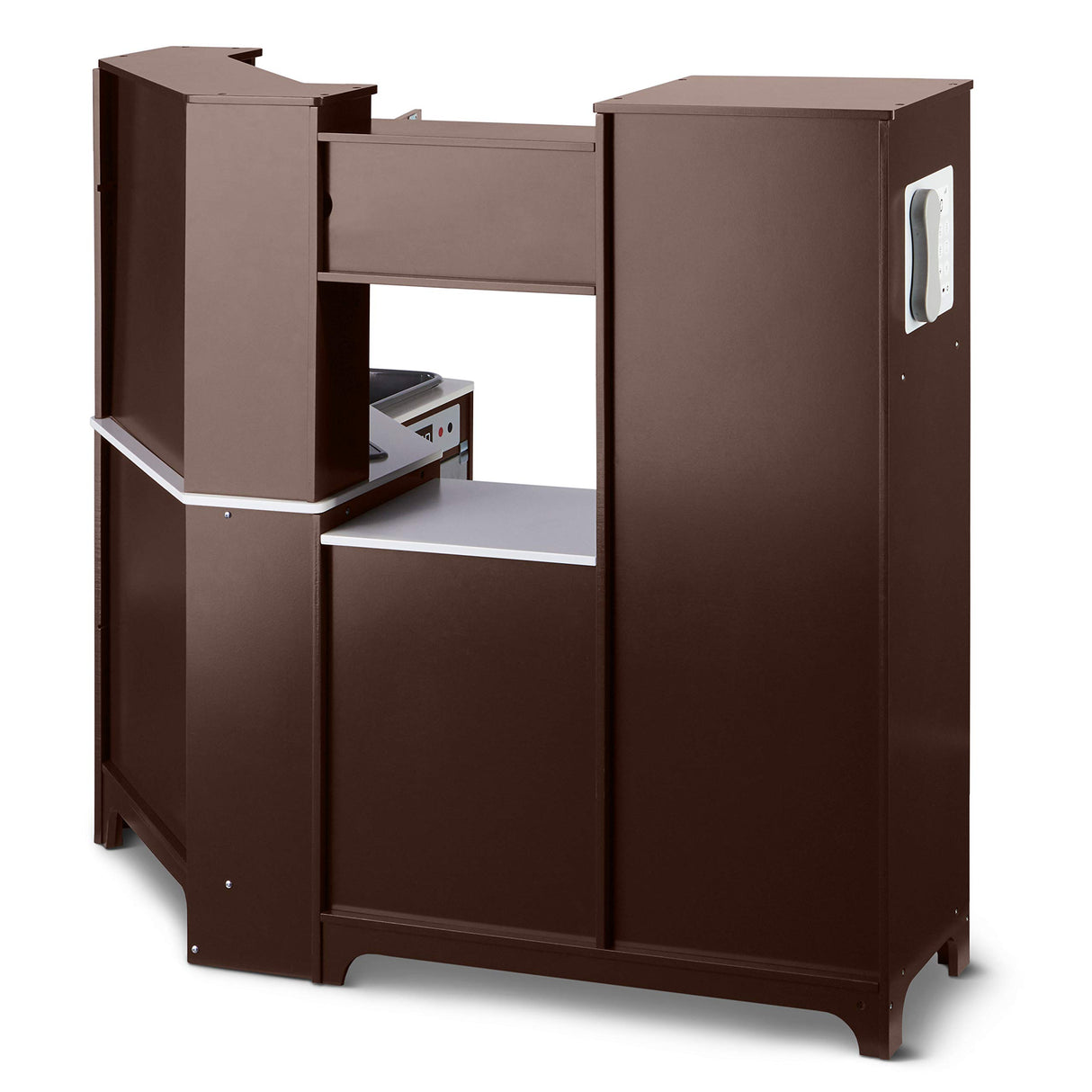 Amazon Basics Cocina de juguete, forma esquinada, de madera, con puertas interactivas, pomos y luces, 99 x 71 x 89 cm, color marrón espresso y gris