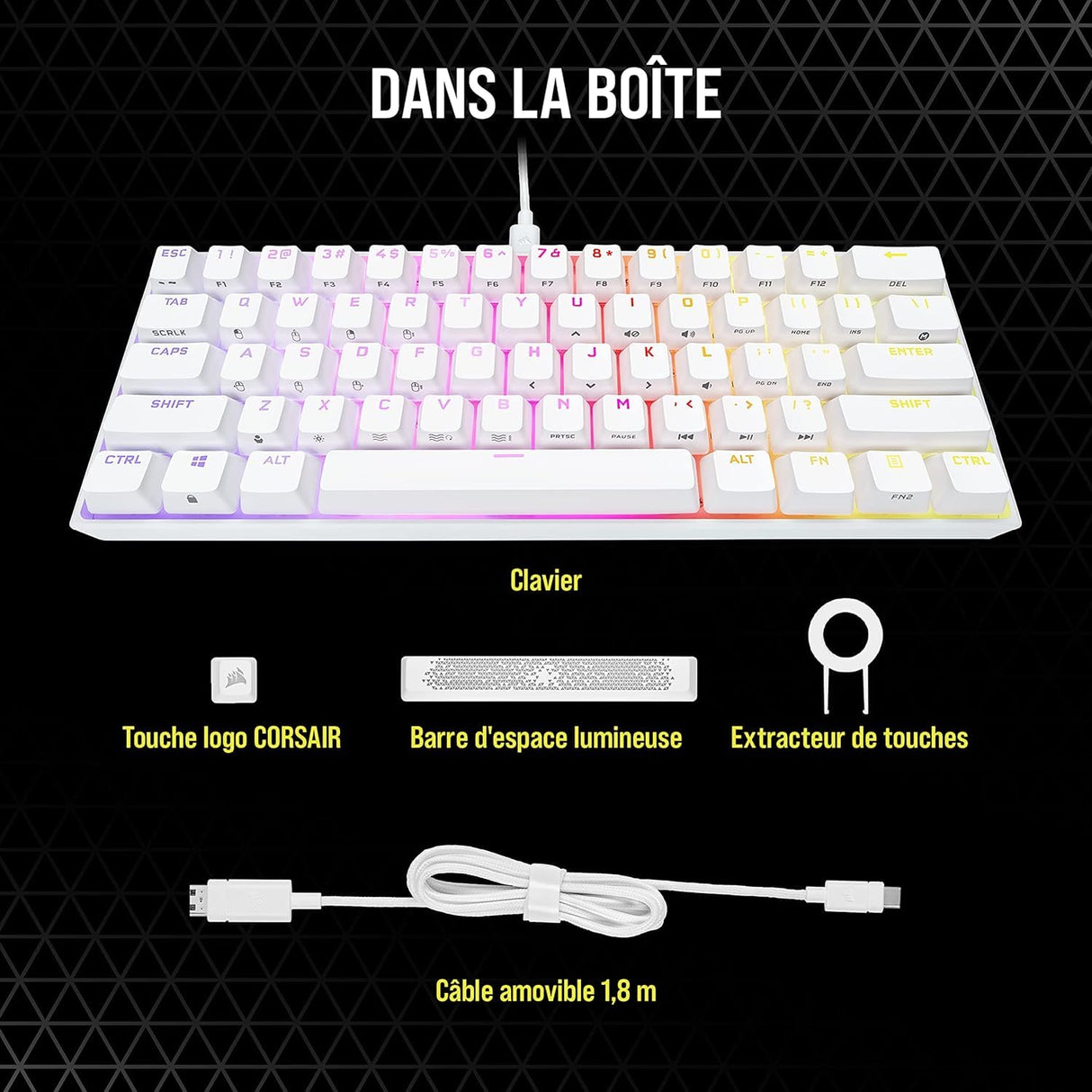 Corsair K65 RGB Mini 60% Teclado de Juego con Cable mecánico – Switches lineales Cherry MX Red – Teclas PBT de Doble Salida, Compatible con iCUE – AZERTY FR – PC, Mac, Xbox – Blanco