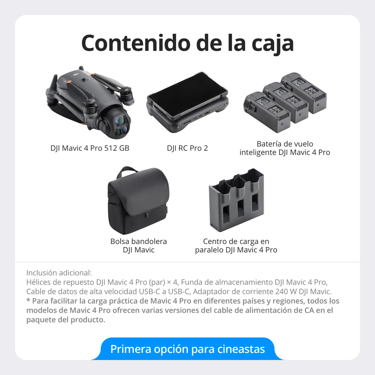 Pack para Creadores DJI Mavic 4 Pro 512 GB con DJI RC Pro 2, dron tricámara insignia con cámara Hasselblad de 100 MP y sensor CMOS 4/3, 51 min de tiempo de vuelo, tres baterías, centro de carga