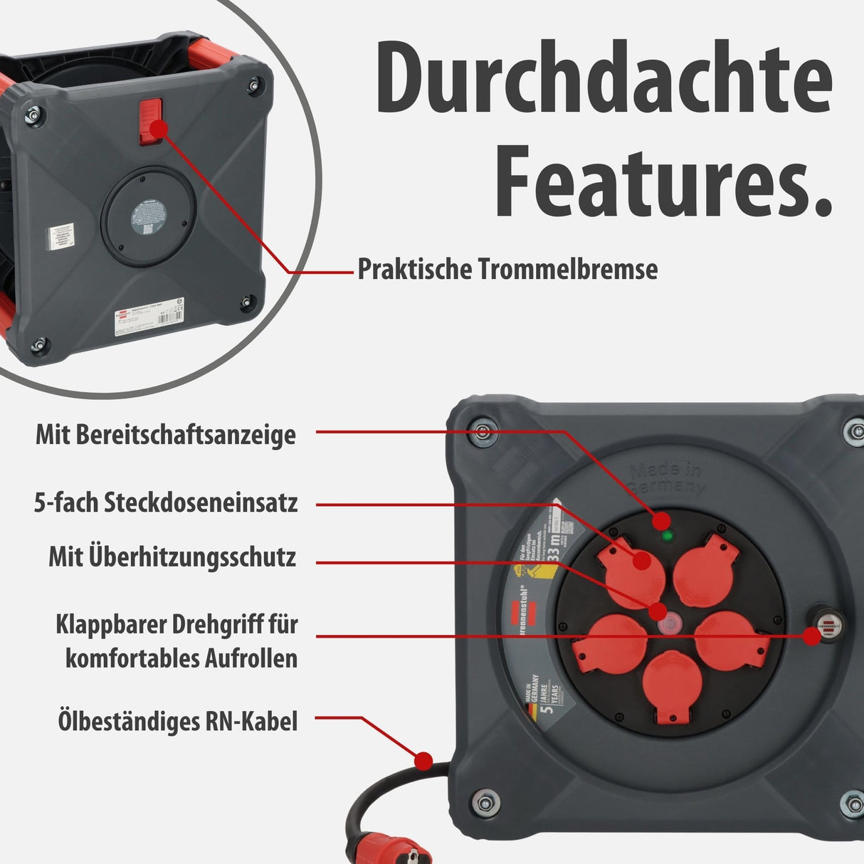 Brennenstuhl Carrete de cable profesional KA 3200 5 IP44 (cable H07RN-F 3G2,5 de 33 m en negro, 5 tomas de seguridad, uso en obra y exterior permanente, fabricado en Alemania)