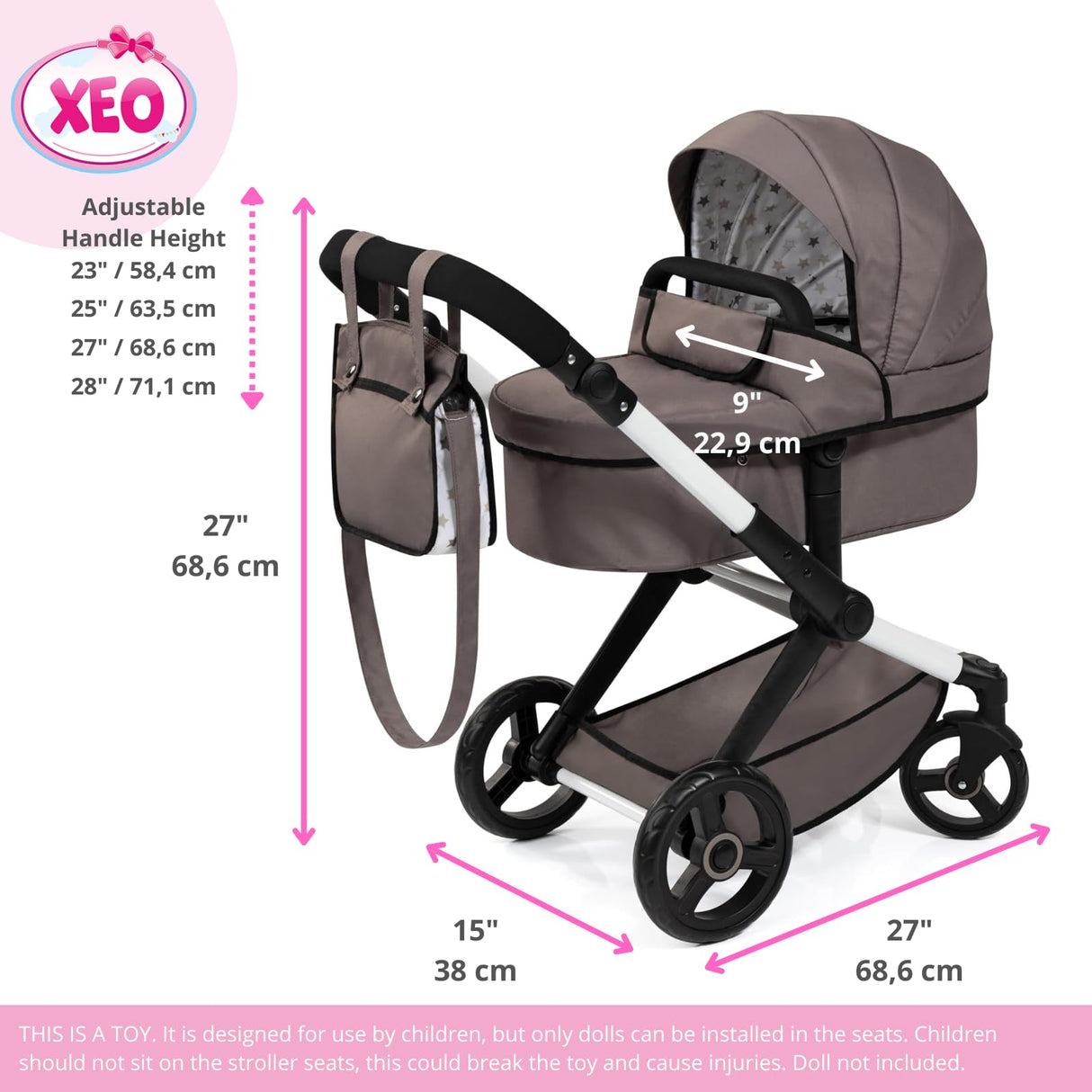 Bayer Design 17086AB Cochecito de muñeca Combi Xeo, Carro para muñecos, Bolsa, Convertible, Regulable en Altura