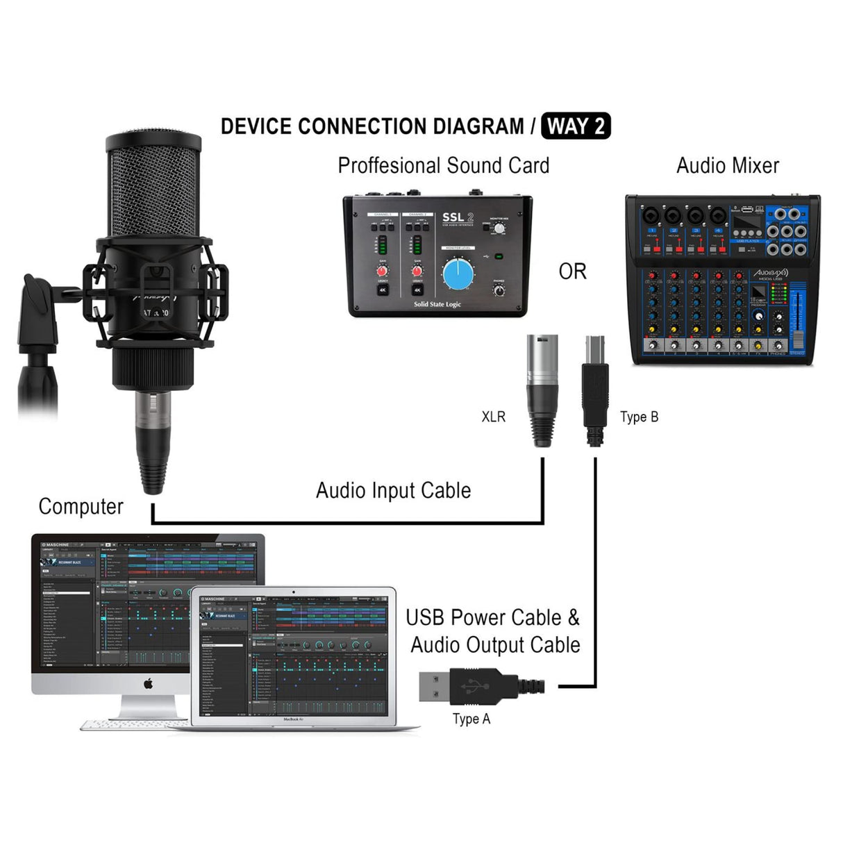 Audibax AT2020 - Microfono de Condesandor de Estudio - Incluye Cable XLR, Soporte de Mesa y Araña, Antivientos y Maletín - Respuesta en Frecuencia 50 Hz/20 KHz - Micrófono con Patrón Polar Cardioide