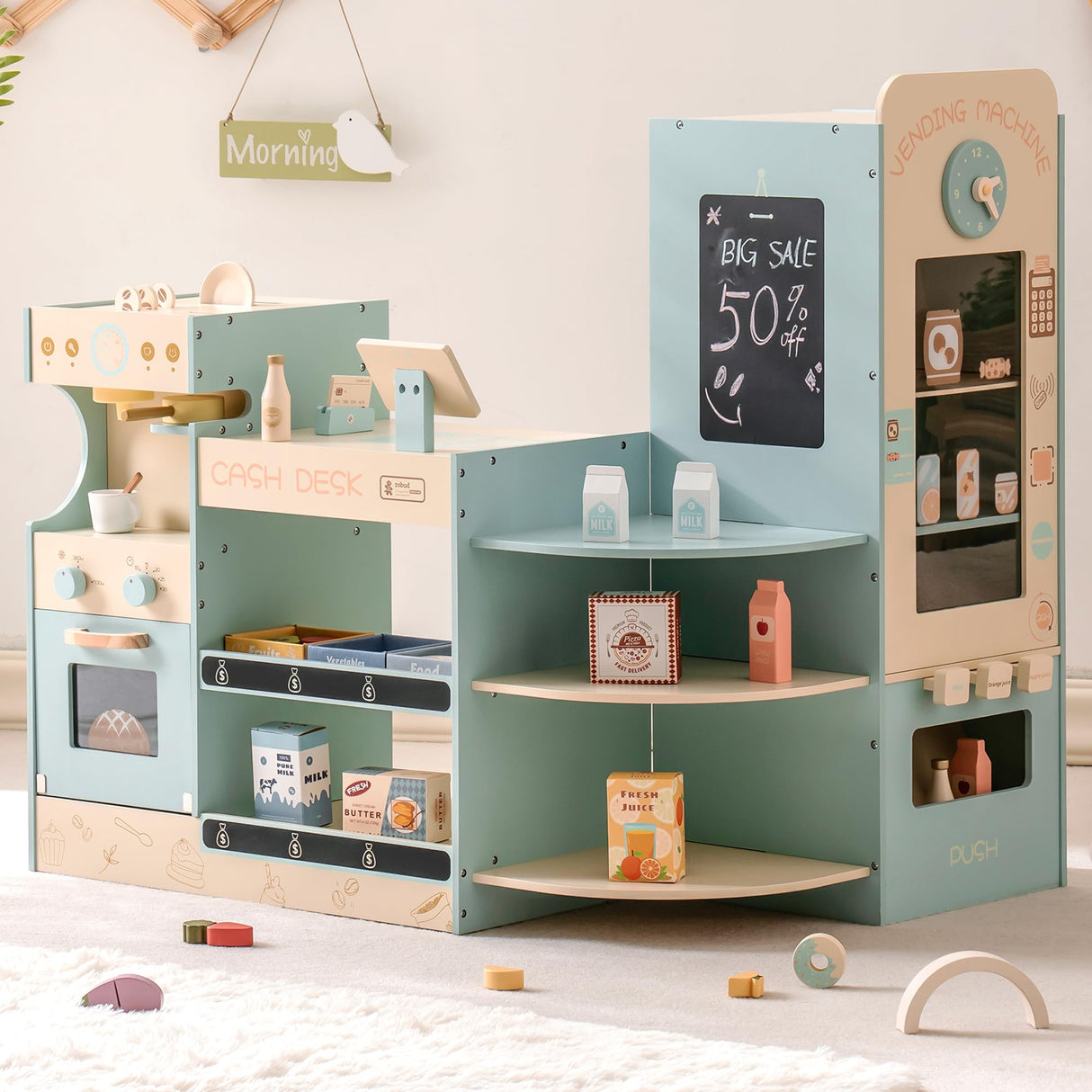 ROBUD Tienda de Compras para niños, Tienda de Compras de Madera, Juguete de Tienda de comestibles con máquina de café, Caja registradora, máquina expendedora, Juguete de rol Grande, 3+