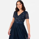 Maya Deluxe Women's Maxi Dress Ladies Floral Sequin Embellished V-Neck Short Sleeve Tulle Sash Tie Belt Empire A-Line Bridesmaid, Navy Blue, 52