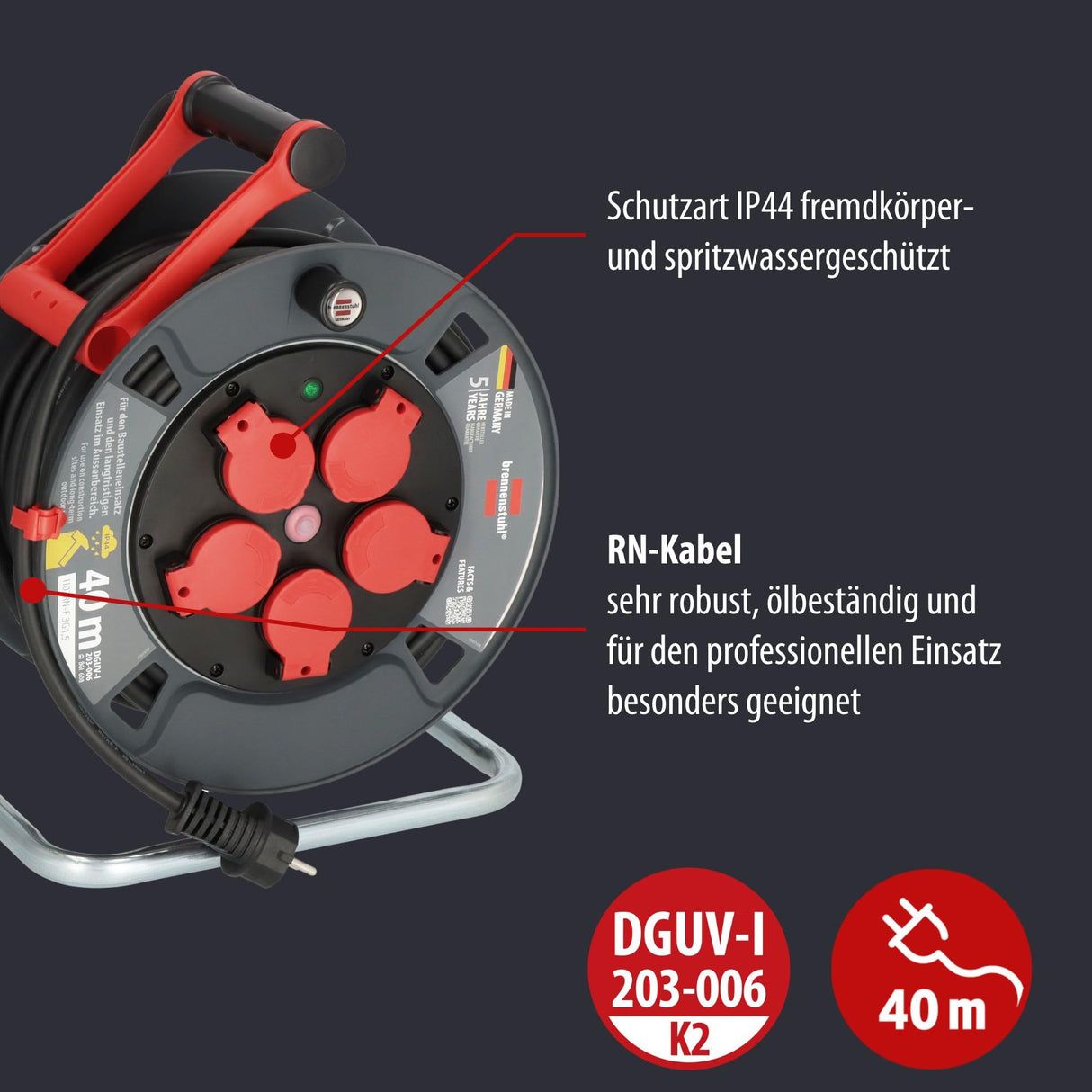 Brennenstuhl Carrete de cable profesional 300 KU 2100 (cable de 25 m en negro, fabricado en plástico especial, para uso en obras de construcción y uso permanente en exteriores, fabricado en Alemania)