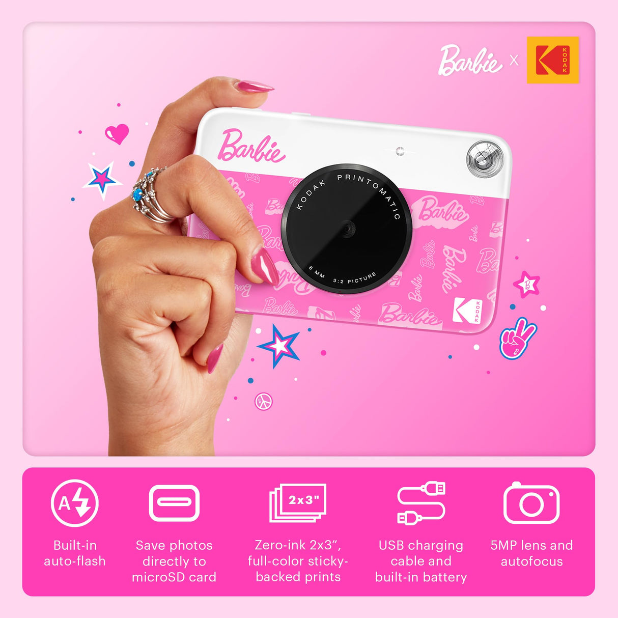 Kodak x Barbie Printomatic Cámara Instantánea Digital – Paquete de Regalo Estilo de Firma + Estuche Barbie, Álbum de Fotos, Pegatinas, Marcos Colgantes, 50 Pegatinas y Papel Zink (20 Hojas)