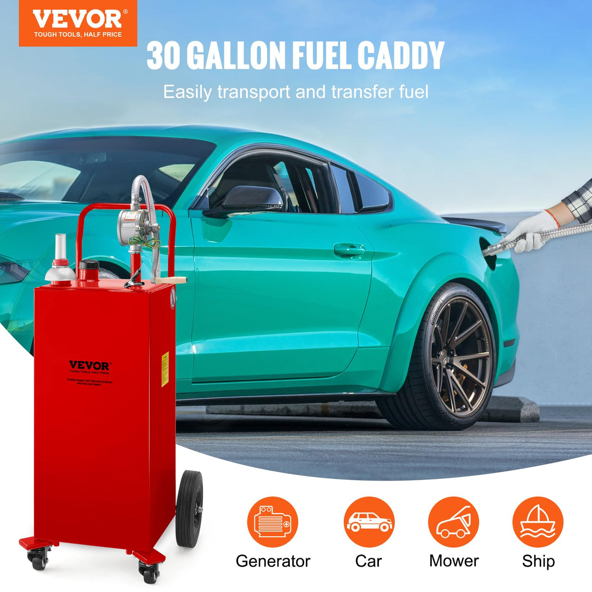 VEVOR Contenedor de combustible de 30 galones, tanque de almacenamiento de gas y 4 ruedas, con bomba de transferencia manual, contenedor de combustible diésel de gasolina para automóviles, cortadoras