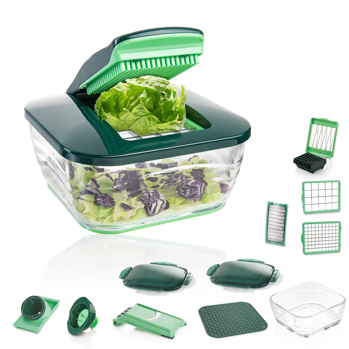 Genius Nicer Dicer Chef - Cortador de verduras (18 piezas, con cuenco de cristal y cortador de tomates y verduras de la televisión)