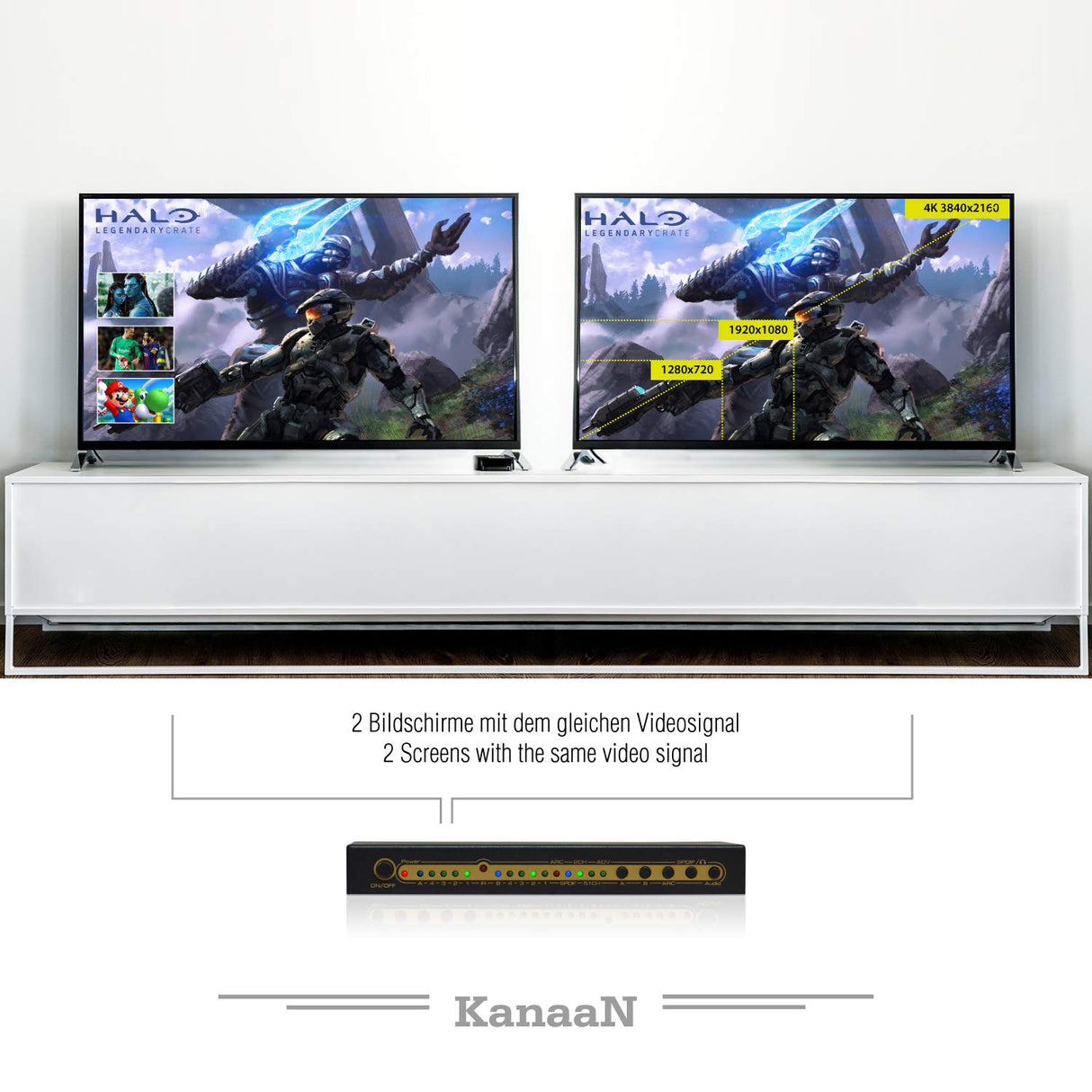 Leicke KanaaN KN40543, UHD Matrix 4x2 Splitter Switcher Full HD, UJD, 4K, 4K*2K, ARC, MHL,HDMI 1.4, Mando a distancia, Salida adicional para el audio, SPDIF y jack de 3,5mm, Stereo, Dolby 5.1 Surround HDMI 1.4