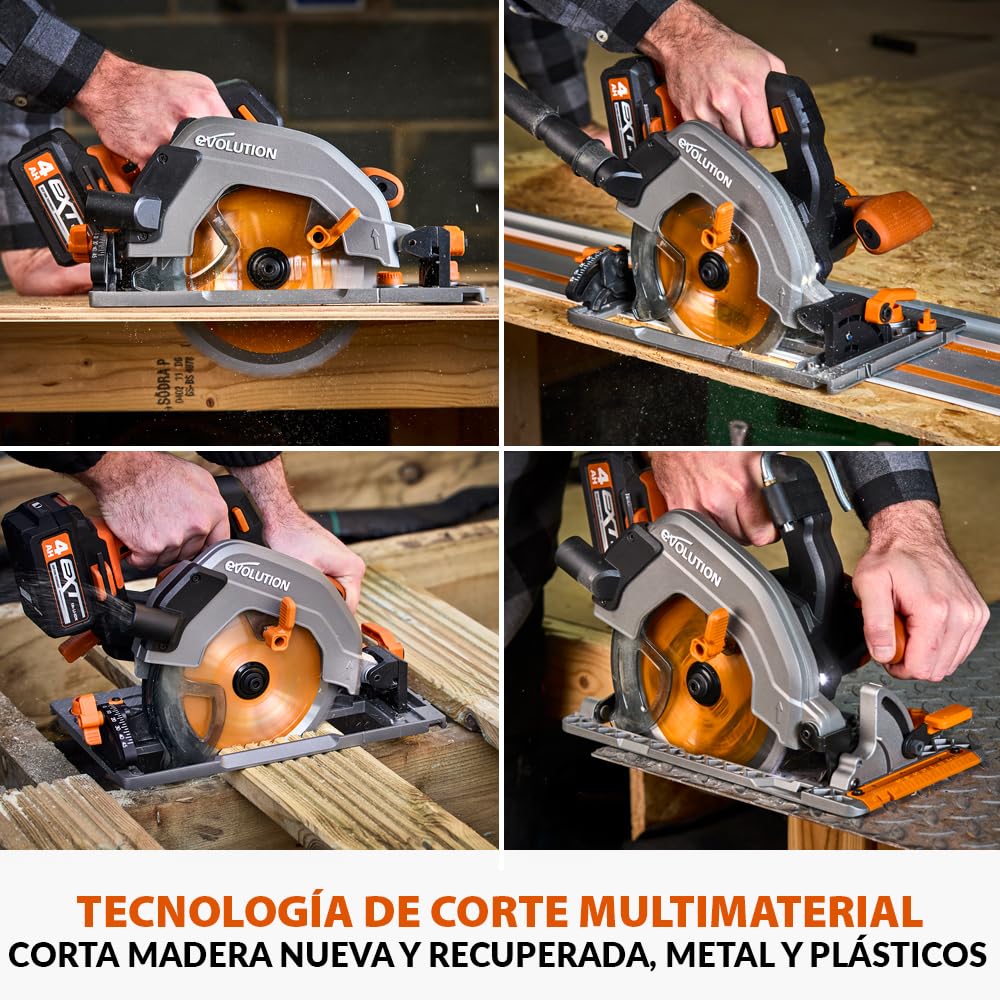Evolution Power Tools R185CCSX-Li Sierra circular sin cable compatible con carril 18v Li-Ion, sin escobillas, Incluye hoja TCT Multi-Material, Corta Madera, Metal, Plástico, Batería no incluida, 185mm