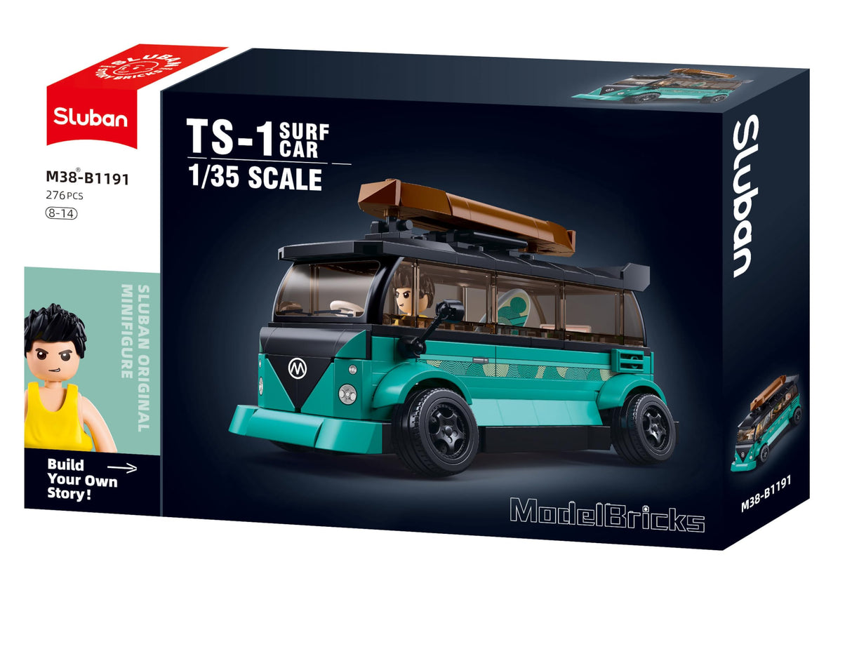 Sluban TS-1 Surf Car M38-B1191 - Maqueta de Coche (Escala 1/35, 276 Piezas, 8-14 años), Color Turquesa y Negro