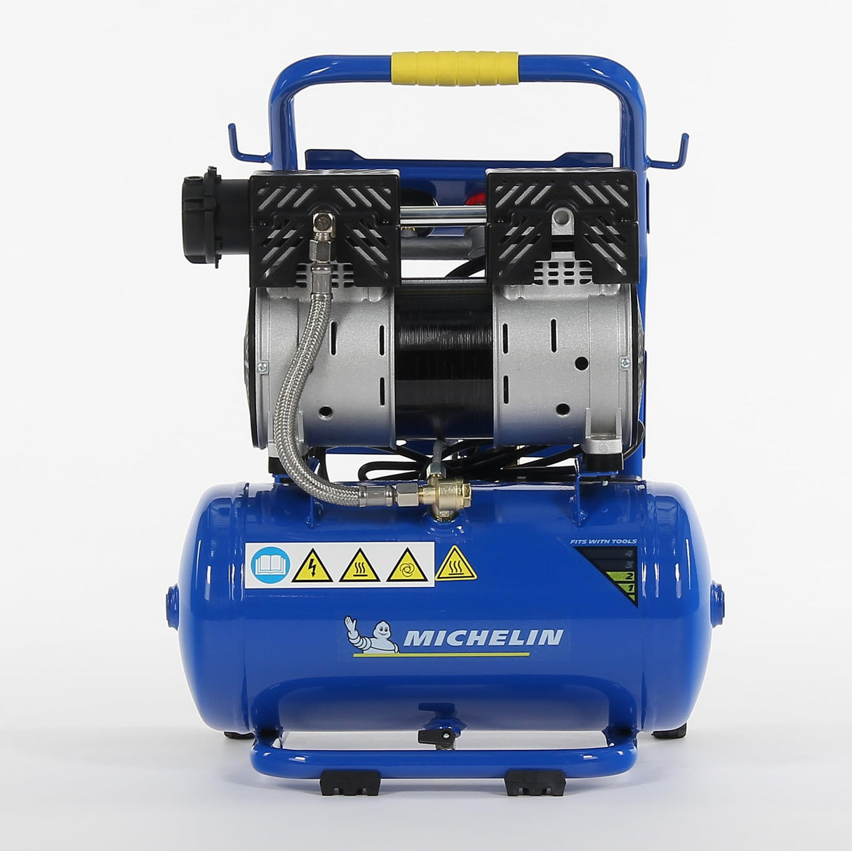MICHELIN CA-MX10-1 - Compresor Silencioso 10LT 1HP - 59 dB - Capacidad 10 L - Motor de 1 HP - Presión Máx 8 Bar - Caudal 130 l/min - Sin Aceite - Portátil - Carro Ergonómico