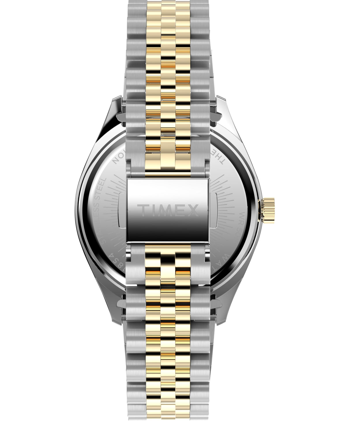 Timex Trend Reloj para Mujer, Pulsera de Acero Inoxidable Bicolor, Esfera Negra, Caja Dorada, 36 mm, TW2Y27900