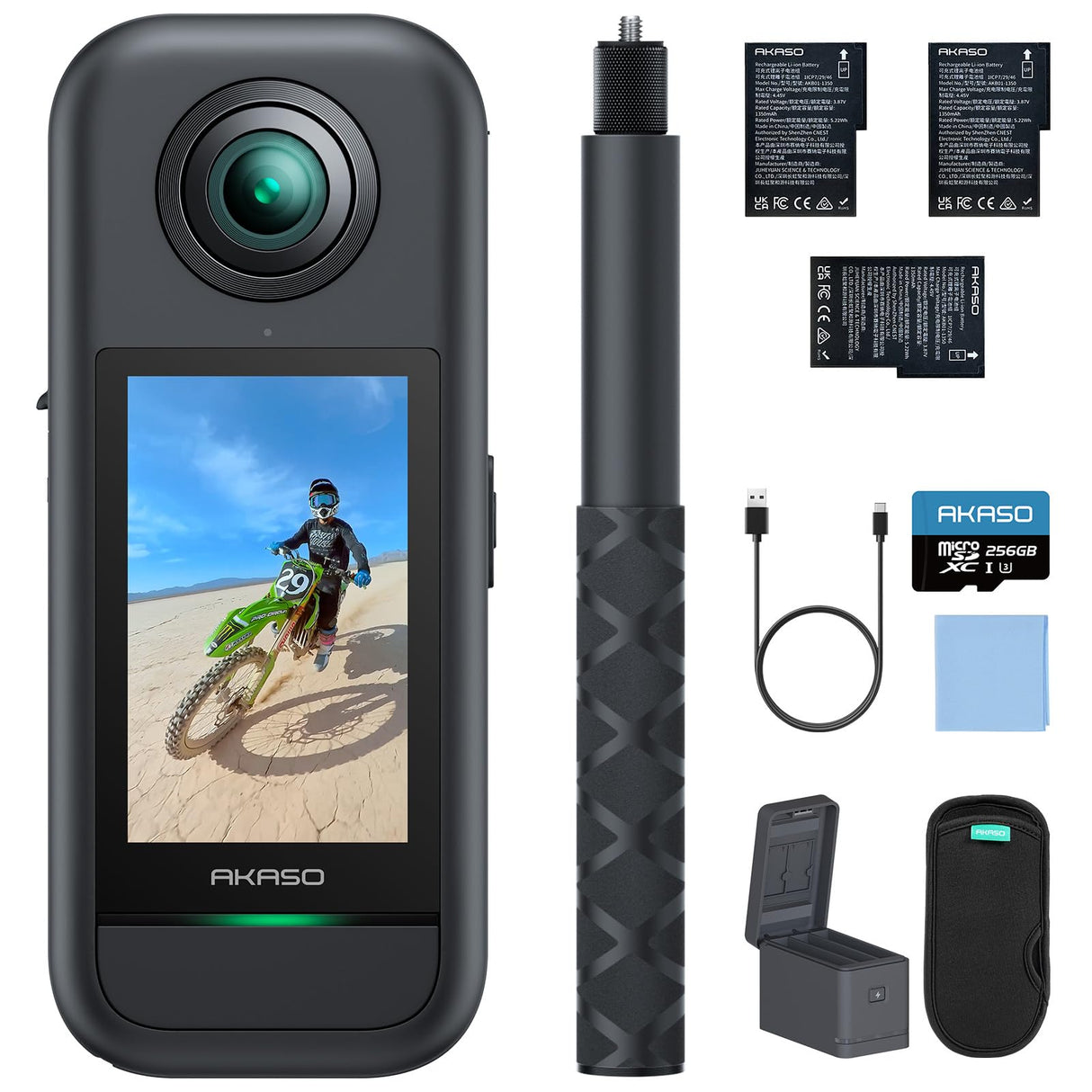 AKASO 360 Cámara de acción 360 Kit de Creadores, con 256GB Tarjeta de Memoria Sensor de 1/2", 5.7K 360, Fotos 72MP, Pantalla táctil de 2.29", Cámara Deportiva 360, Palo Selfie Invisible
